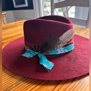 Hand Burned, one of a kind, Burgundy idlewood cowgirl Hat w/Feather and floral